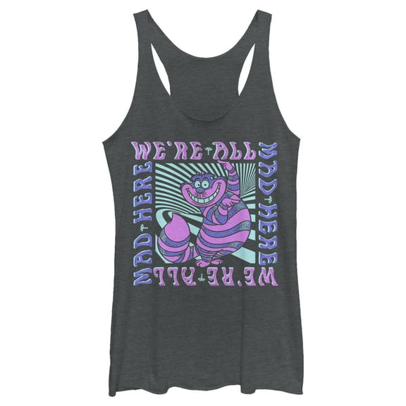 Women's Alice in Wonderland We're All Mad Here Trippy Racerback Tank Top Gray Heather X Small
