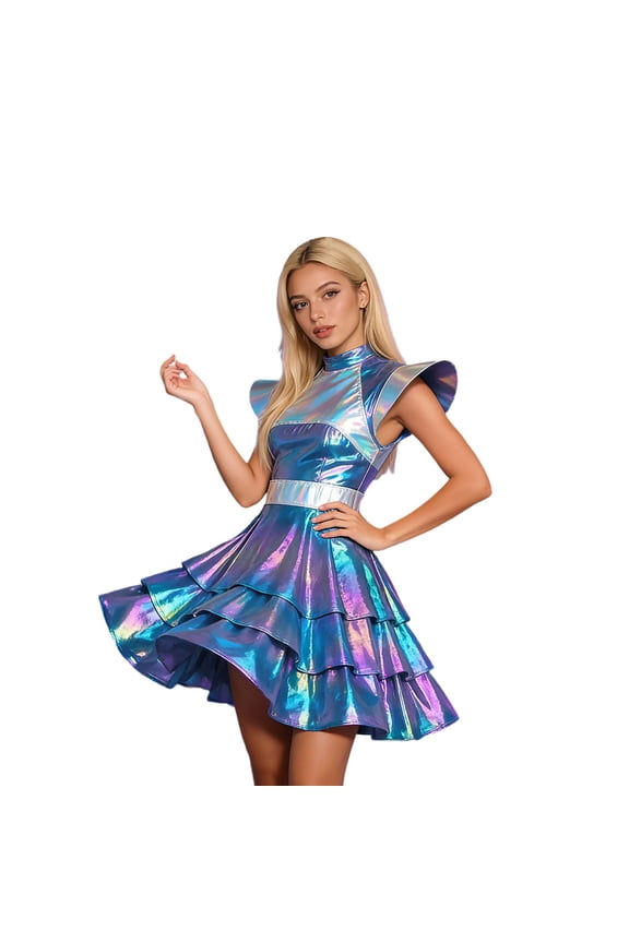 Women's Alien Dress Up Bright Colored Short Sleeve Dress With Flowing Sleeves Blue M