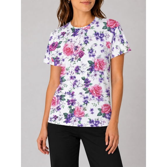 Women's All-Over Print Pink Rose Purple Floral T-Shirt Short Sleeve Crewneck Casual Summer Tee Tops