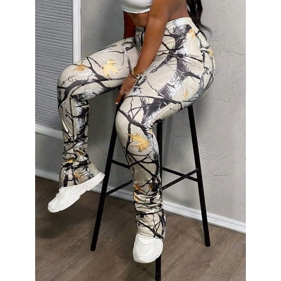 Women's All Over Print Slim Fit Pants High Waist Side Slit Streetwear Outfit
