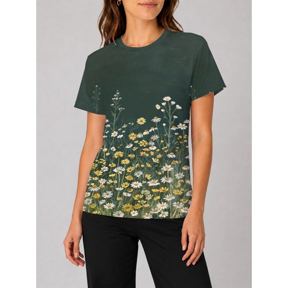 Women's All-Over Print Tee Shirts Short Sleeve Casual Dark Wild Daisy Meadow Graphic Crewneck Summer Tops