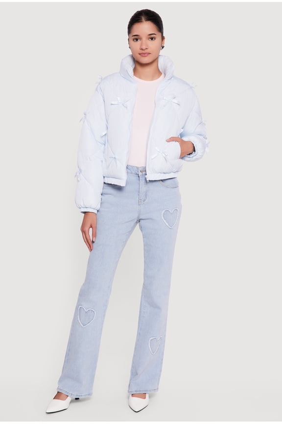 Women's Almost Famous Bow Detail Zip Front Puffer Jacket