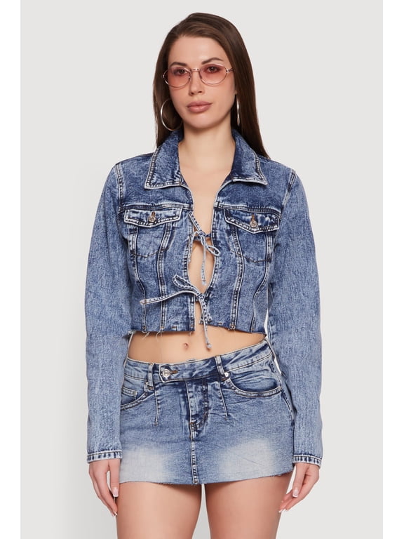 Women's Almost Famous Double Tie Front Cropped Denim Jacket