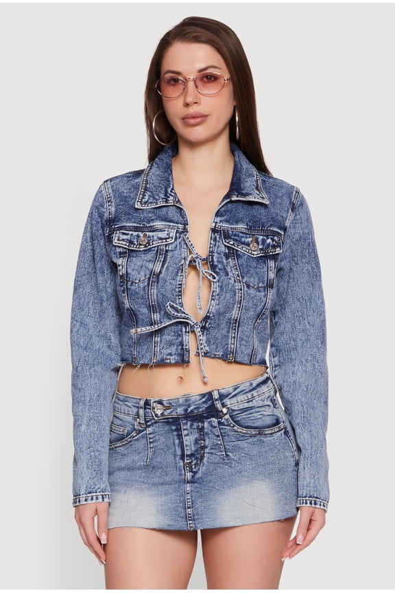 Women's Almost Famous Double Tie Front Cropped Denim Jacket