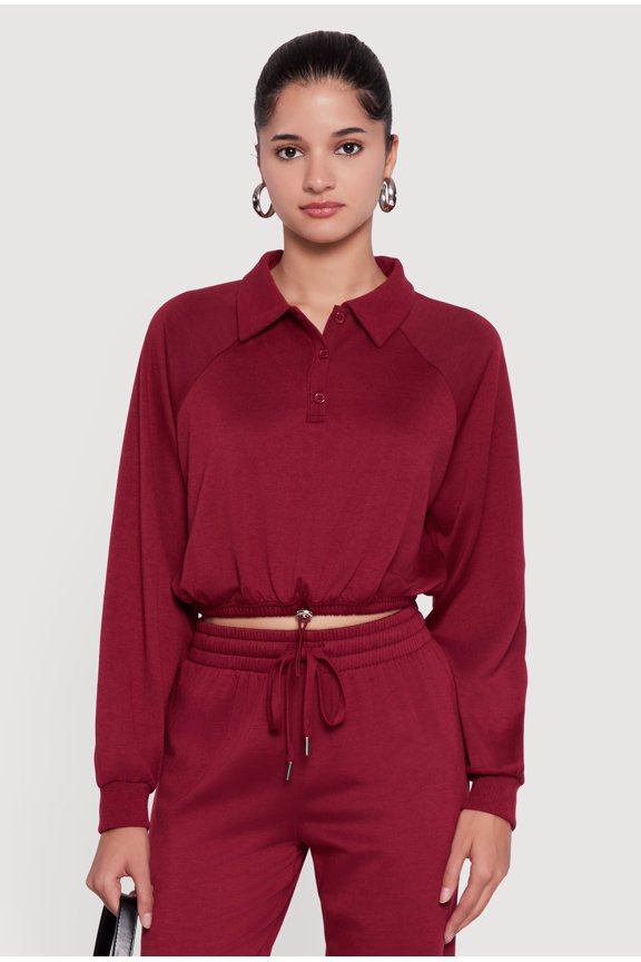 Women's Almost Famous Drawstring Hem Cropped Polo Sweatshirt