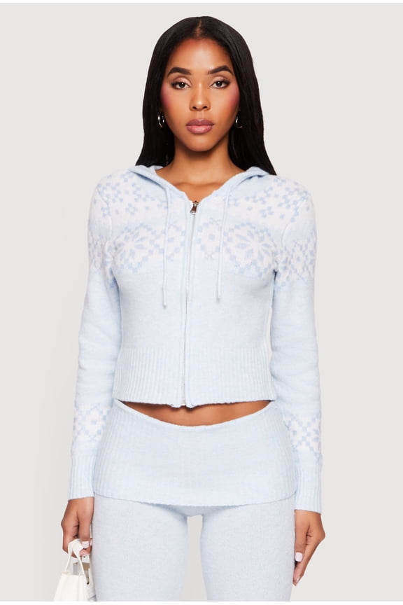 Women's Almost Famous Fair Isle Zip Front Cropped Hooded Sweater