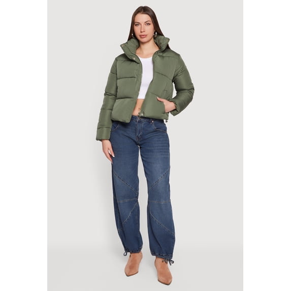 Women's Almost Famous Mock Neck Zip Front Puffer Jacket