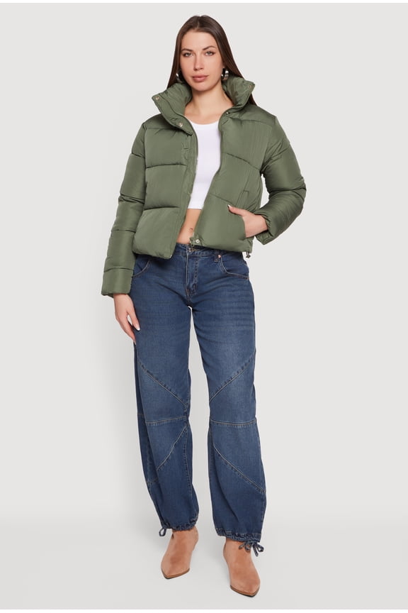 Women's Almost Famous Mock Neck Zip Front Puffer Jacket