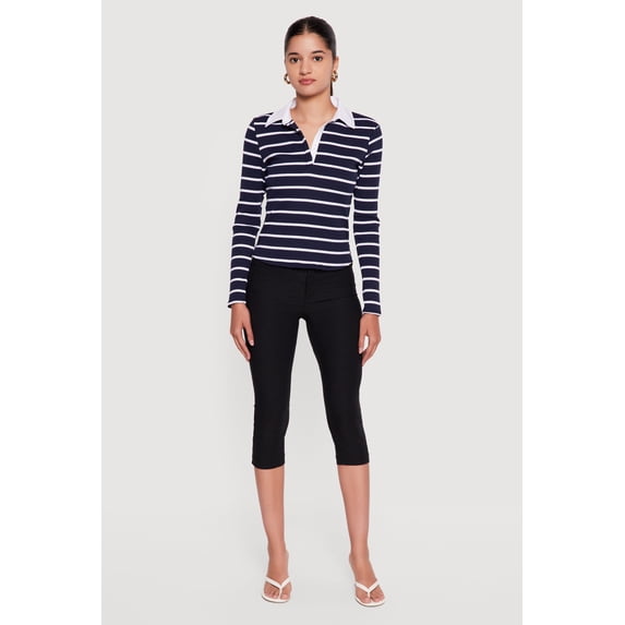 Women's Almost Famous Ribbed Knit Striped Long Sleeve Polo Shirt