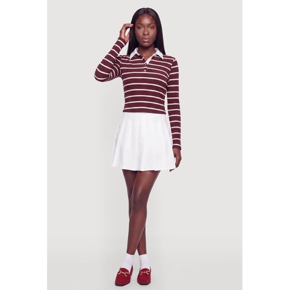 Women's Almost Famous Ribbed Knit Striped Long Sleeve Polo Shirt