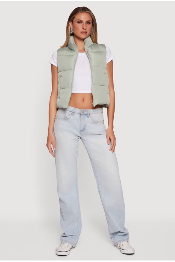 Women's Almost Famous Solid Mock Neck Zip Front Puffer Vest