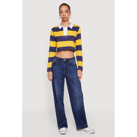 Women's Almost Famous Striped Long Sleeve Cropped Polo Top