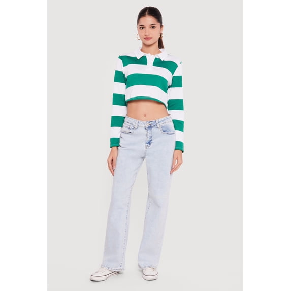 Women's Almost Famous Striped Long Sleeve Cropped Polo Top