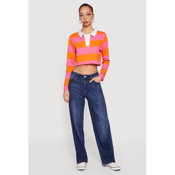 Women's Almost Famous Striped Long Sleeve Cropped Polo Top
