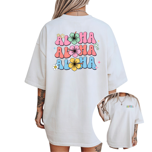 Women's Aloha Retro Groovy Hibiscus Flower Back Print Aesthetic Graphic T Shirt Short Sleeve Round Neck Top White S-5XL