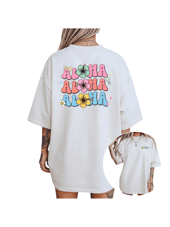 Women's Aloha Retro Groovy Hibiscus Flower Back Print Aesthetic Graphic T Shirt Short Sleeve Round Neck Top White S-5XL