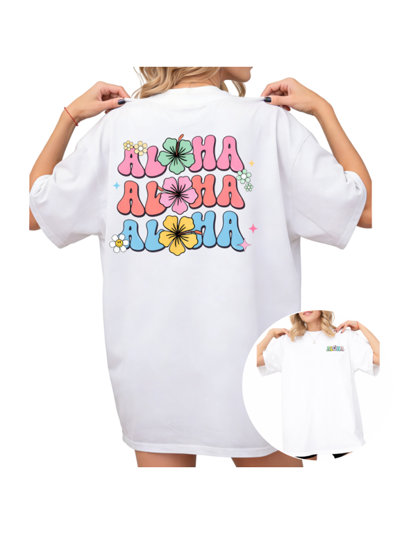 Women's Aloha Retro Groovy Hibiscus Flower Back Print Aesthetic Graphic T Shirt Short Sleeve Round Neck Top White S-5XL