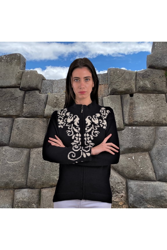 Women's Alpaca Sweater Zippered Cardigan 100% Baby Alpaca Natural Black - M