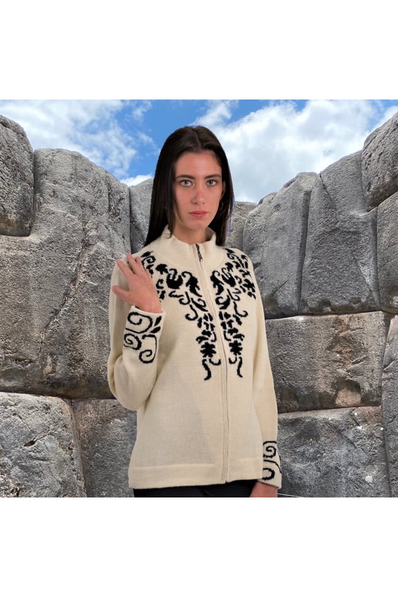 Women's Alpaca Sweater Zippered Cardigan 100% Baby Alpaca Natural White - L