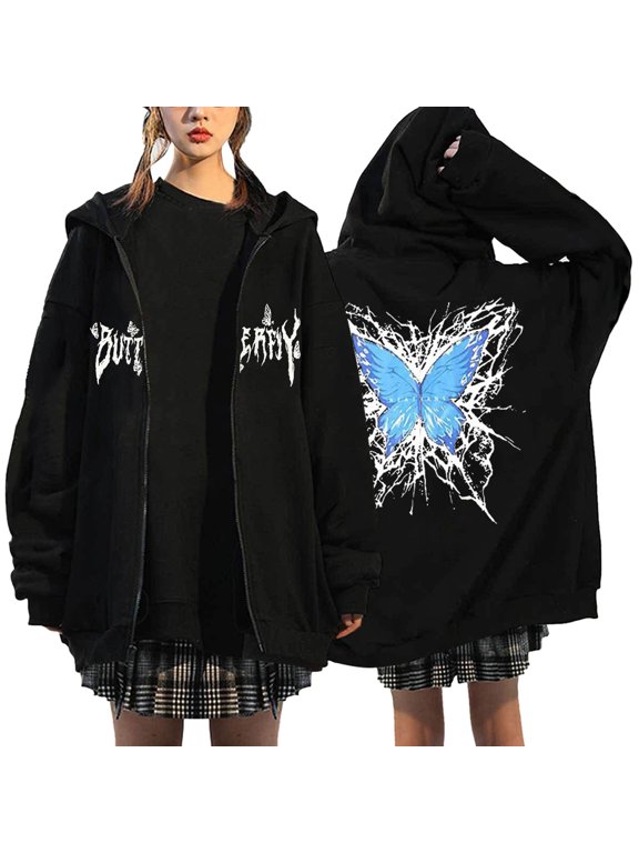 Women's Alt Grunge Zip Hoodie Lace Up Long Sleeve Heavyweight Lined Hooded Sweatshirt Loose Streetwear Jacket