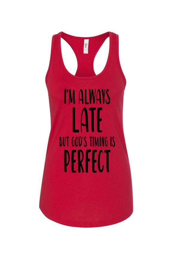 Women's Always Late But God's Timing Is Perfect Racerback Tank Top-Cardinal-large