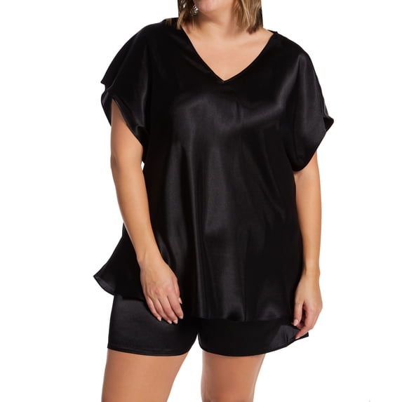Women's Amanda Rich 412PJ4X Plus Satin PJ Sleep Tee With Short Set (Black XL)