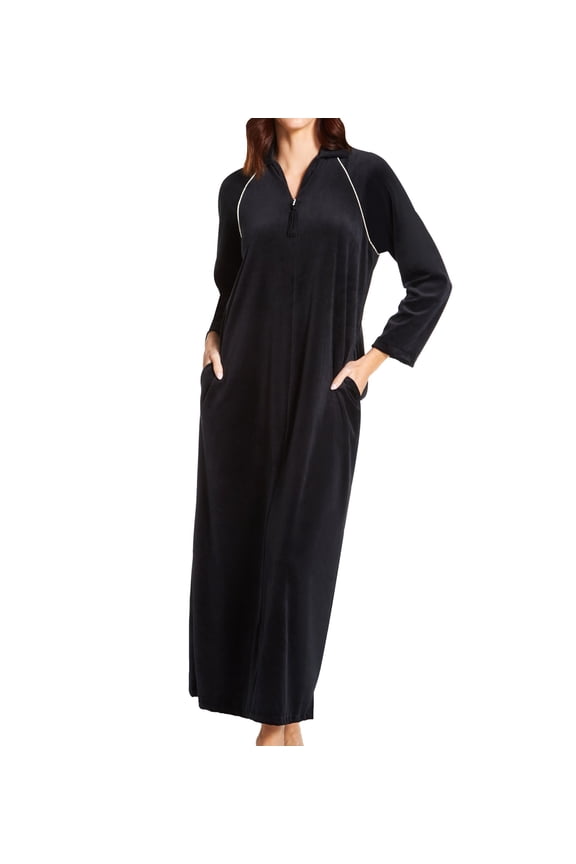 Women's Amanda Rich 607-37 Velour Zip Front Robe (Black M)