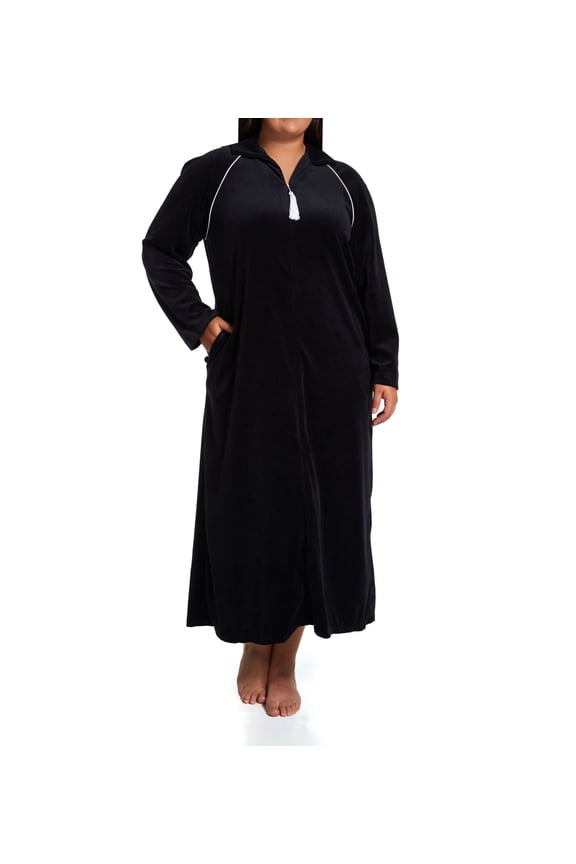 Women's Amanda Rich 607-37X Plus Velour Zip Front Robe (Black 2X)