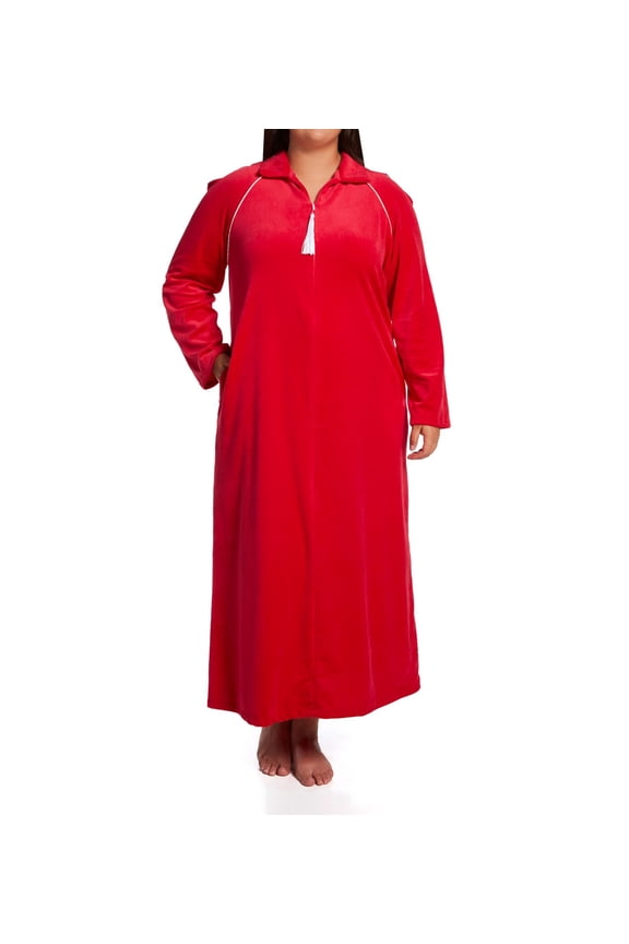 Women's Amanda Rich 607-37X Plus Velour Zip Front Robe (Red 2X)