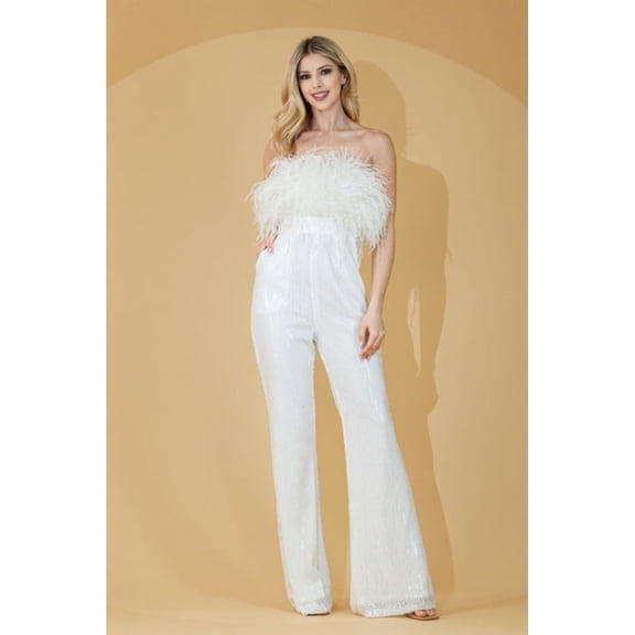 Women's Amelia Couture 3019 Sequin Feather Strapless Formal Jumpsuit White 8