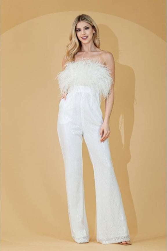 Women's Amelia Couture 3019 Sequin Feather Strapless Formal Jumpsuit White 8
