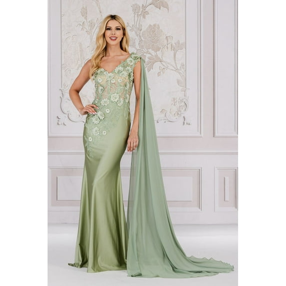Women's Amelia Couture 388 One Shoulder Cape Long Floral Formal evening elegant Dress Sage Green 8