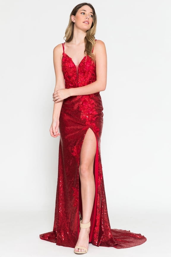 Women's Amelia Couture 5020 Sexy Sequined Floral Open Back Formal Prom 2026 Gown Dress Christmas - New Year Holiday Red 16