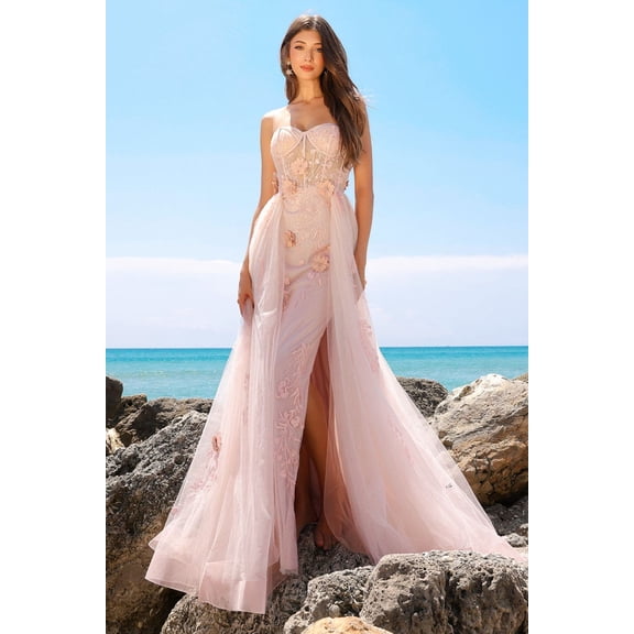 Women's Amelia Couture TM1002 Sheer Corset Formal evening elegant Gown W Mesh Overskirt Dress Dusty Rose Pink 12