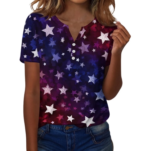 Women's America 250 Usa Shirt 250 Anniversary Usa Flag Print V Neck Henley Tops Patriotic 4th Of July T-Shirt
