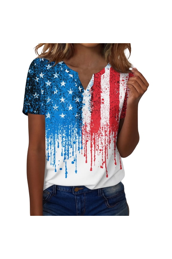Women's America 250 Usa Shirt Stars Striped American Flag Print Button Down V Neck 4th Of July Patriotic Shirts