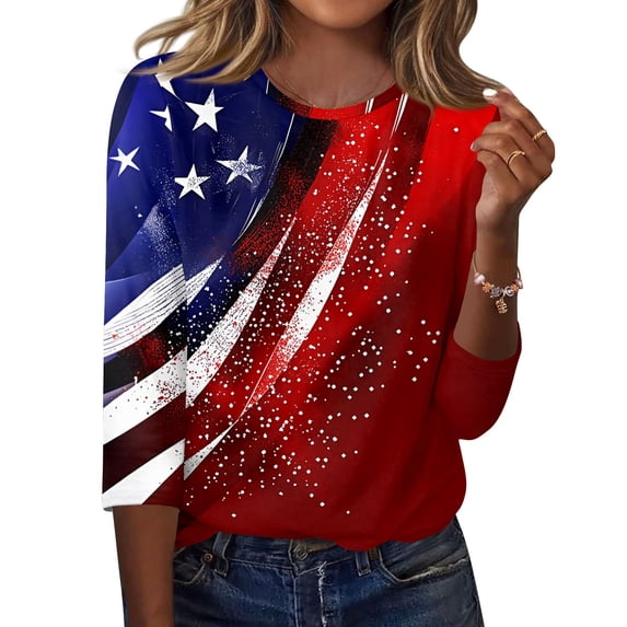 Women's America 250 Usa Shirt Usa Flag Graphic Print 3/4 Length Sleeve Womens Tops Summer Casual Patriotic 4th Of July T-Shirt