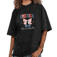 thumbnail image 1 of Women's America Land Of The Free 4th Of July Patriotic Cherry Bow Graphic Washed Tops Short Sleeve T-Shirt, 1 of 5