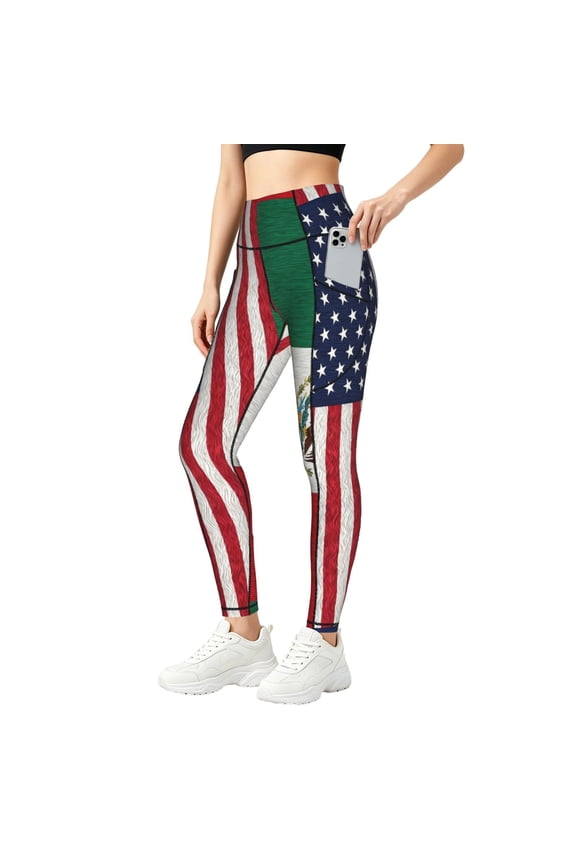 Women's America Mexican Flag High Waisted Yoga Leggings with Pockets, Tummy Control Non See Yoga Pants Small