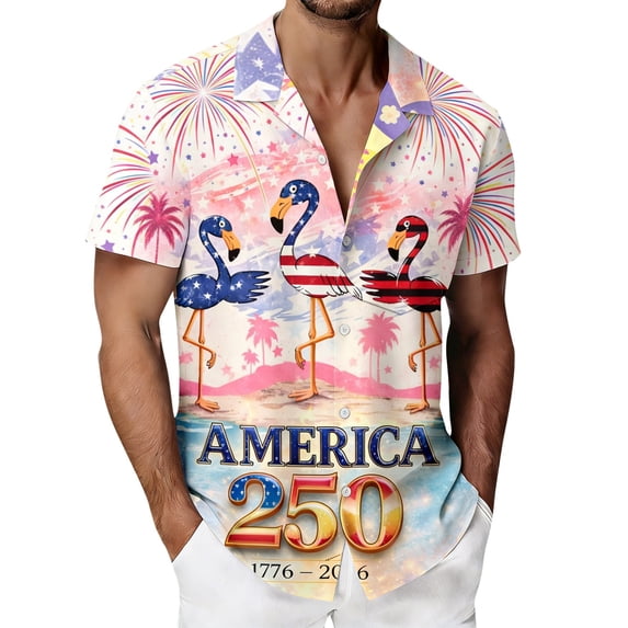 Men's Vintage American Flag Hawaiian Bowling Shirts, 250th Anniversary Patriotic 4th of July Casual Button Down Short Sleeve Beach Tees
