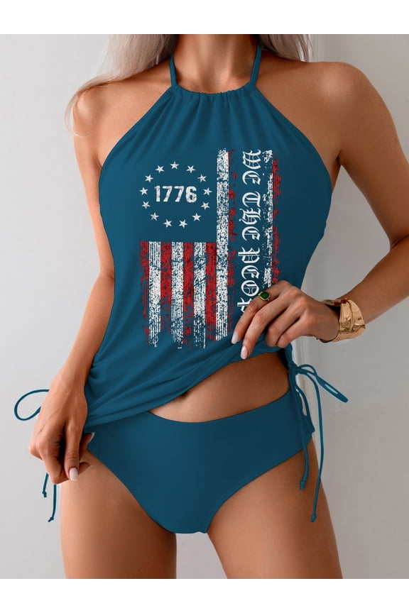 Women's American Flag 1776 We The People Swimsuit 2 Piece Tankini Sets Halter Skinny Tops With Low Rise Briefs Swimsuit Set For Summer Beachwear Diving Bathing Suits 2XL