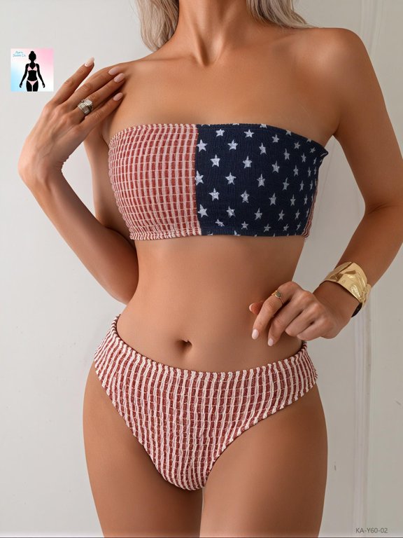 Women's American Flag Bandeau Bikini Set Strapless Smocked Swimsuit High Stretch 2-Piece