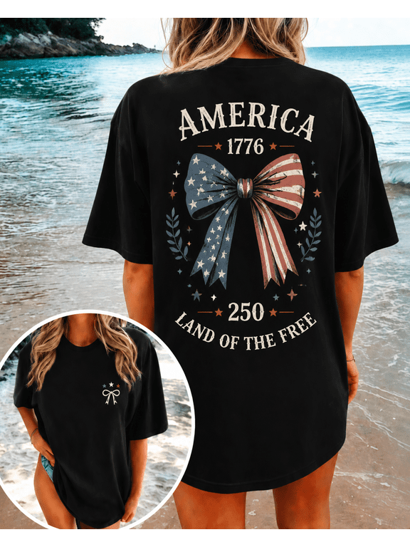 Women’s American Flag Bow Graphic T-Shirt 1776 Patriotic Summer Casual Tee