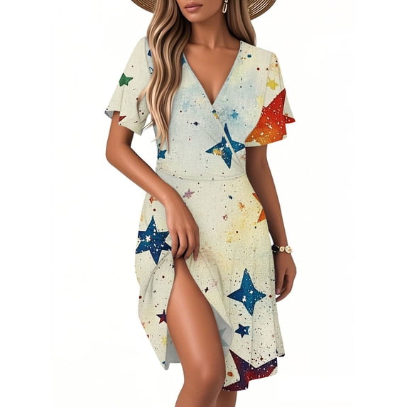 Women's American Flag Dress Women 4th of July Patriotic Shirt USA Stars Stripes Dresses Sexy V-Neck Summer Sundress,Khaki XL