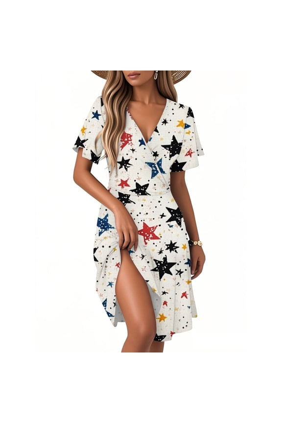 Women's American Flag Dress Women 4th of July Patriotic Shirt USA Stars Stripes Dresses Sexy V-Neck Summer Sundress,White 2XL