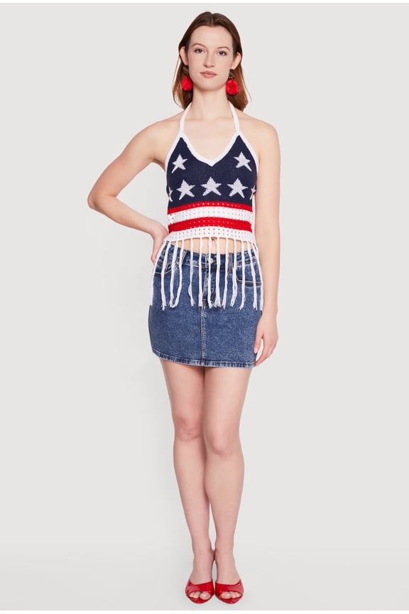 Women's American Flag Fringe Hem Tie Back Halter Top