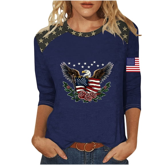 Women's American Flag Graphic Pullover T-shirt 3/4 Sleeve Tops July 4th T-Shirt Casual Holiday Outdoor Roomy Tops