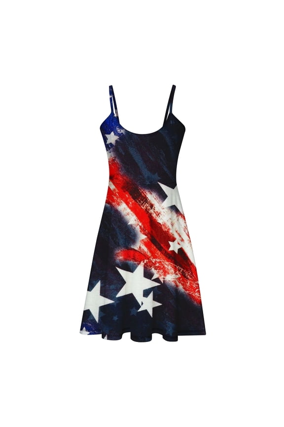 Women's American Flag Independence Day Print Fit & Flare Dress, Sleeveless, Patriotic Event & Casual Wear, Stretchy Polyester Blend