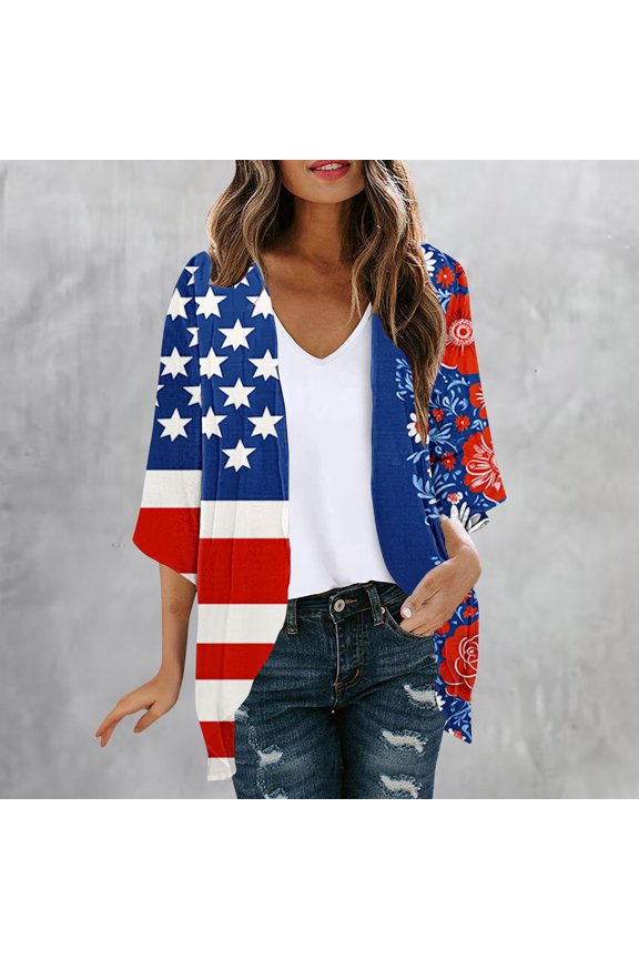 Women's American Flag Kimono Cover up Beachwear Cardigan