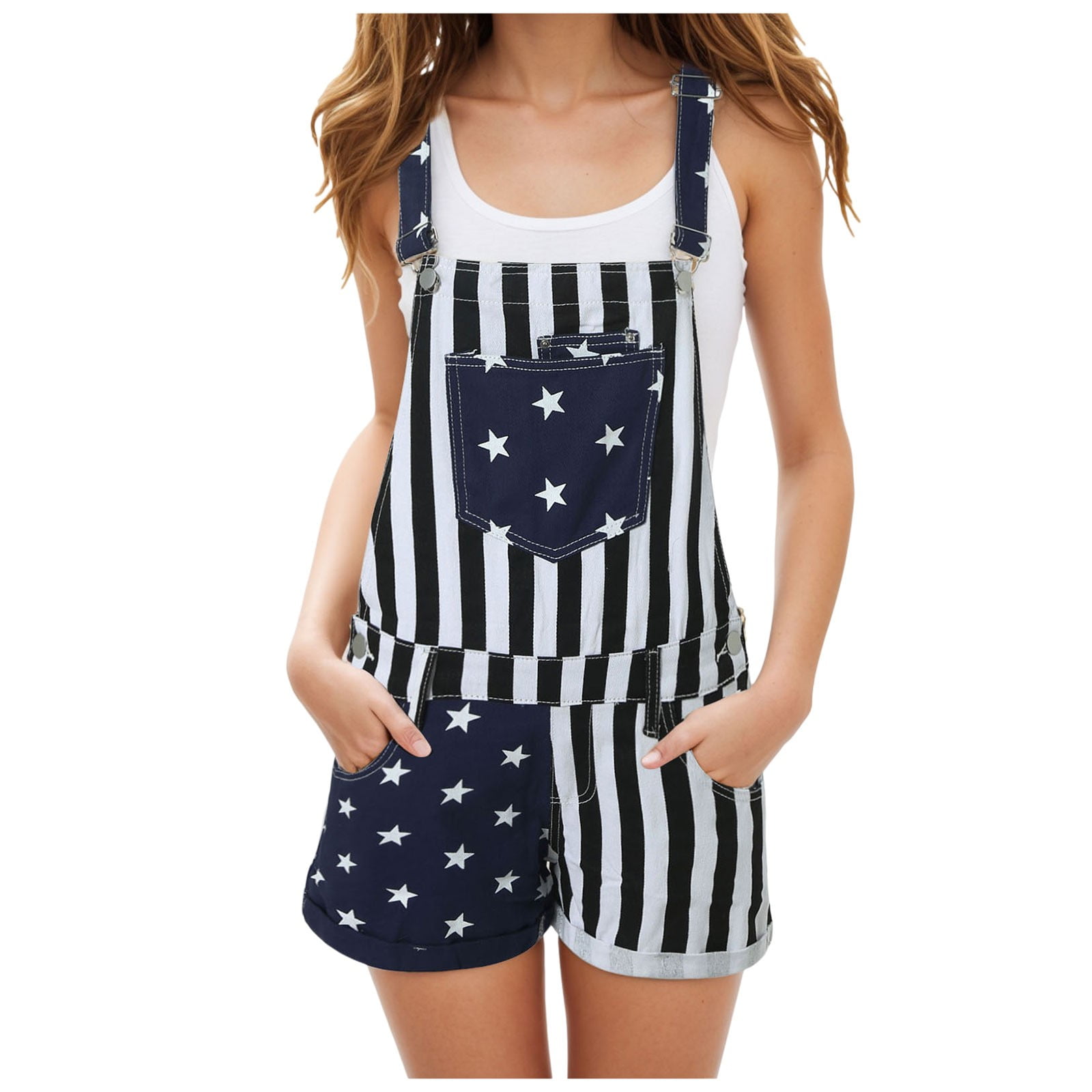 Women's American Flag Overalls Cotton Summer Rompers 4th of